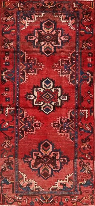 Vintage Geometric Hamedan Runner Rug Hand - Knotted Oriental Hallway Carpet 3x7
