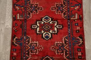 Vintage Geometric Hamedan Runner Rug Hand - Knotted Oriental Hallway Carpet 3x7 4