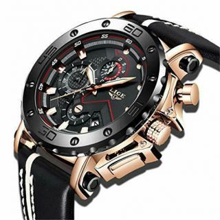Lige Mens Watches Waterproof Sport Gold Chronograph Military Fashion Black