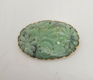 Exquisite Antique Chinese Carved Jade Brooch 14k Yellow Gold