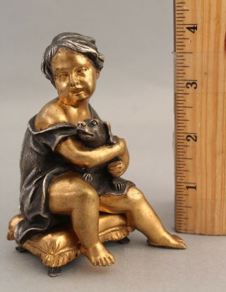 19thc Miniature Antique Gilt & Silver On Bronze Sculpture Child & Dog Statue,  Nr
