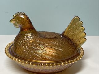 Vintage Indiana Glass Iridescent Electric Orange Hen On Nest Carnival