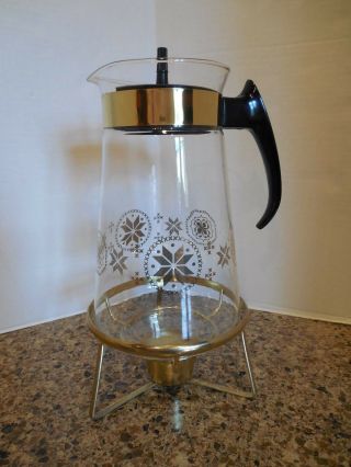 Vintage Pyrex Town & Country Glass Gold Coffee Decanter Tea Carafe,  Lid & Stand
