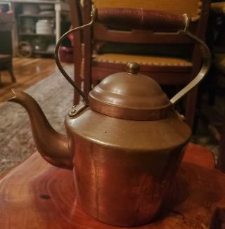 Vintage Copper Kettle With Wooden Handle