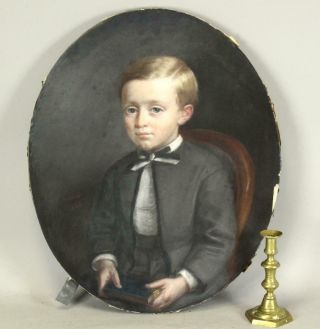 A Great 19th C Pastel Portrait Of A Young Boy In Black Suit Signed & Dated 1866