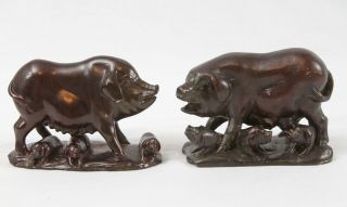 Vintage Chinese Carved Soapstone Pig Figurine Pair Sow & Piglets 4 3/8 "