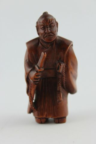 19th Century Japanese Netsuke Samurai Hand Carved Boxwood 5.  5cm Signed