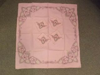 Unused? Vtg Hand Embroidered Pink Art Deco Floral Card Tablecloth & Napkins Set