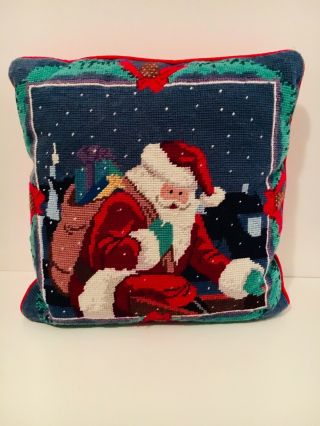 Vintage Wool Needlepoint Santa Pillow 14x14 Red Velvet Zipper Closure Christmas