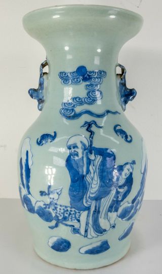 Antique Chinese Celadon Glazed Blue And White Vase Shou Lao 19th Century