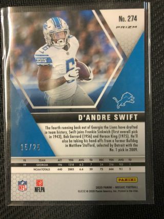 2020 PANINI MOSAIC D ' ANDRE SWIFT WHITE PRIZM LIONS NFL DEBUT 15/25 2