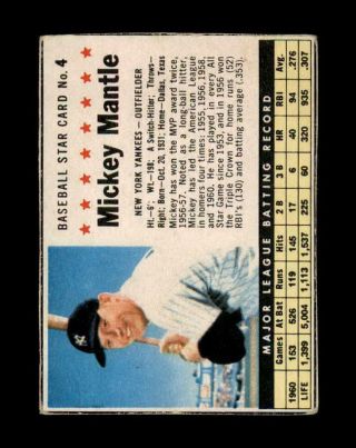 1961 Post Set Break 4 Mickey Mantle Vg - Vgex Gmcards