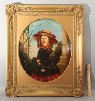 19thc Antique Folk Art Portrait Oil Painting,  Young Girl,  Banana Curls & Roses