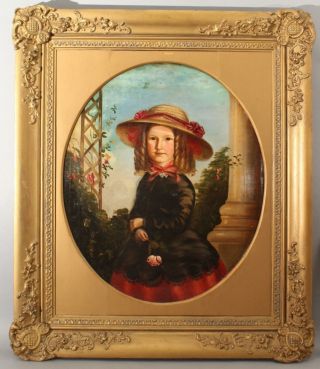 19thC Antique Folk Art Portrait Oil Painting,  Young Girl,  Banana Curls & Roses 2
