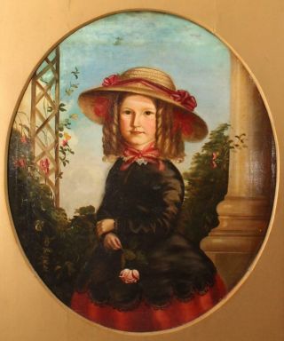 19thC Antique Folk Art Portrait Oil Painting,  Young Girl,  Banana Curls & Roses 3