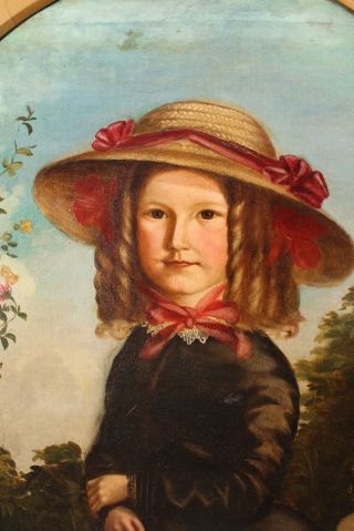 19thC Antique Folk Art Portrait Oil Painting,  Young Girl,  Banana Curls & Roses 4