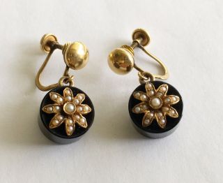 Antique Victorian 14k Black Onyx Earrings With Pearls