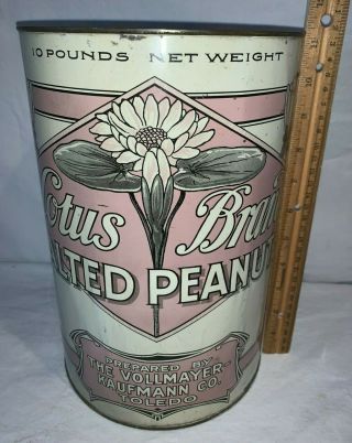 Antique Lotus Brand Salted Peanuts Tin Litho 10lb Can Toledo Oh Country Store