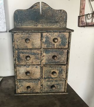 Antique Primitive Painted 8 Drawer Apothecary Spice Cabinet 15” X 10” X 4.  5”