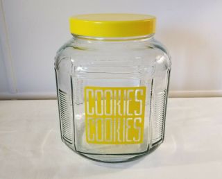 Vintage Square Glass Cookie Jar With Yellow Graphics & Plastic Screw On Lid Euc