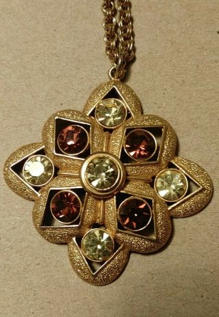 Vintage Sarah Coventry Maltese Cross Inspired Goldtone Pendant - Green & Brown