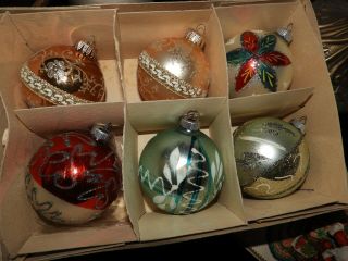 4 Old Vintage Mercury Glass Decorated Christmas Ornaments,  2 Kreb Glitter Balls