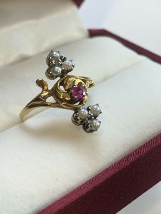 Pretty Antique Edwardian English 18k Gold Seeded Pearls Ruby Ring Size 7 C1900s