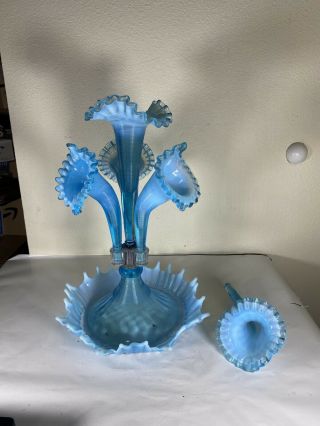 Fenton 4 Horn Epergne Blue Opalescent Made For L G Wright Antique 1930 