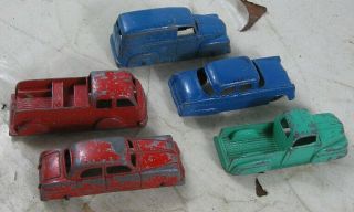 5 Vintage 1950 ' s Die Cast 3 1/2” Tootsie Toy Trucks Fire Truck Cars 2