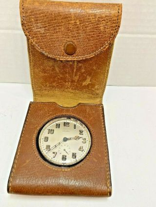 Antique Longines 15 Jewel Travel Clock With Leather Case.  Needs Work.  Estate