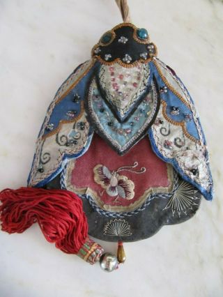 Antique Chinese Moth Shape Embroidered Silk Scent Purse Bag 19th Century Pouch