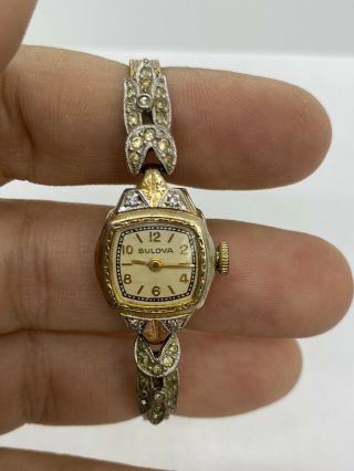 Vintage Bulova 10k Gold Filled Diamonds Ladies Wrist Watch 17j 6am Runs