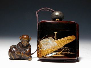18thc Shell Inlay Makie Lacquer Inro W Netsuke Japan Edo Inro Antique