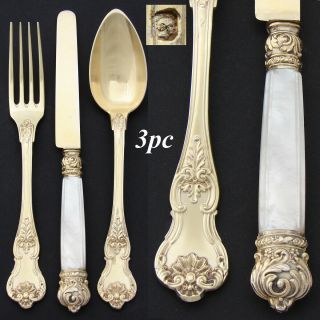 Antique French 18k Gold On Sterling Silver " Vermeil " 3pc Flatware Place Setting