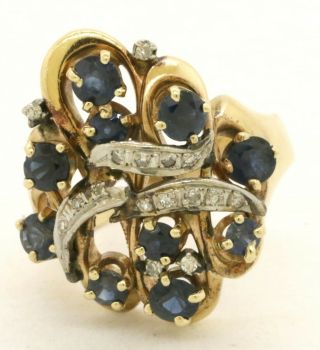 Antique Heavy 14k Gold 2.  06ct Diamond/blue Sapphire Cluster Cocktail Ring Size 8