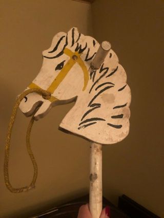 Vintage Antique Primitive Folk Art Toy Painted Wood Hobby Horse Head On A Stick