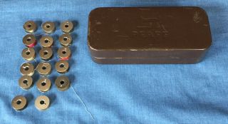 Vintage Pfaff Metal Tin Sewing Machine Accessories Box Case & 17 Bobbins