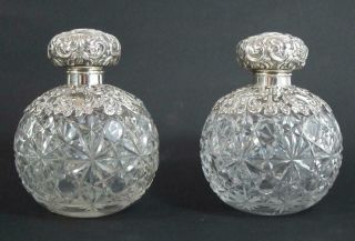 Large Pair Antique Sterling Silver & Cut Glass Scent Bottles Chester 1907