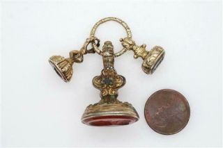 3 X Antique Georgian English Gold Filled Agate Seal Fobs & Split Ring C1830