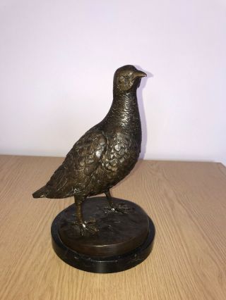 Antique Solid Quality Cast Bronze Grouse On Marble Base