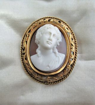 French Antique High Relief Carved Shell Portrait Cameo Gold Brooch Pin 3