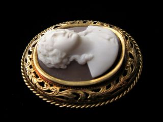 French Antique High Relief Carved Shell Portrait Cameo Gold Brooch Pin 4