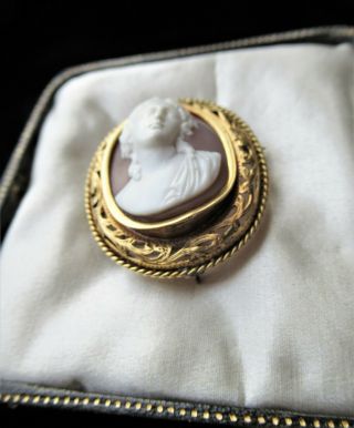 French Antique High Relief Carved Shell Portrait Cameo Gold Brooch Pin 5