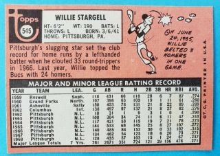 1969 Topps WILLIE STARGELL Pittsburgh Pirates 545 Baseball Card EX - MT 2