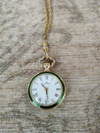 Bucherer Swiss Made Women’s Gold Tone Pendant Watch Chain Necklace Green Floral