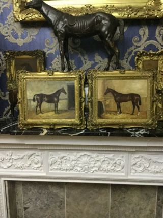 Pair 19th Century Race Horses In Stable Oil On Board English School C1893