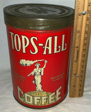 Antique Tops All Coffee Tin Litho 1lb Tall Can Lady Globe Brooklny Ny Grocery