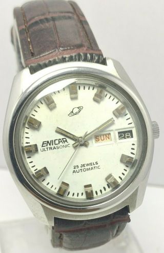 Vintage Swiss Made Enicar Day&date White Automatic 25j Wrist Watch Men 