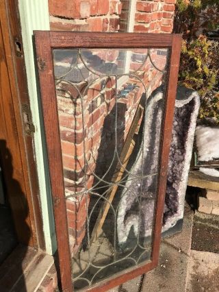 SG 1891 antique leaded glass cabinet door oak frame 24 x 54 5