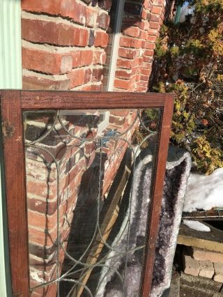 SG 1891 antique leaded glass cabinet door oak frame 24 x 54 6